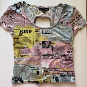 Almost Famous Newspaper Print Top Multicolor Scoop Neck Tie Up Back Y2K Size XL